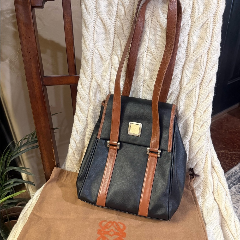 Loewe Black Nylon and Brown Leather Shoulder Bag with COA